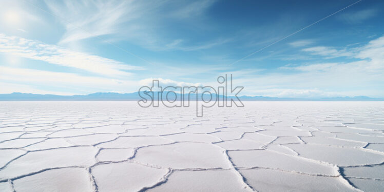 A vast salt flat extending in all directions, reflecting the intense sunlight - Starpik Stock