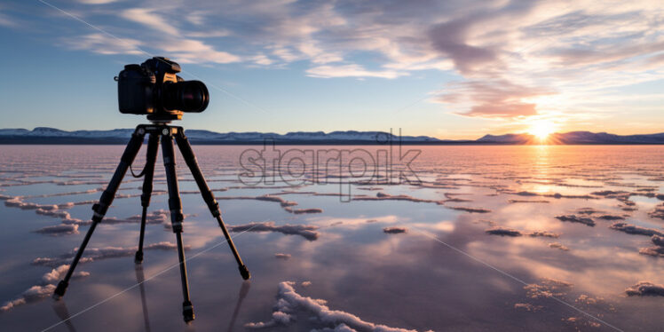 A vast salt flat extending in all directions, reflecting the intense sunlight - Starpik Stock