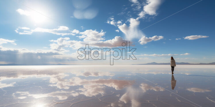 A vast salt flat extending in all directions, reflecting the intense sunlight - Starpik Stock