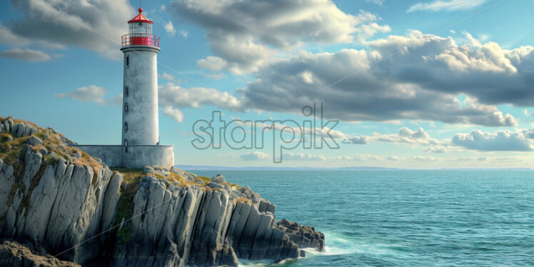 A vintage lighthouse standing proudly against the backdrop of the ocean - Starpik Stock