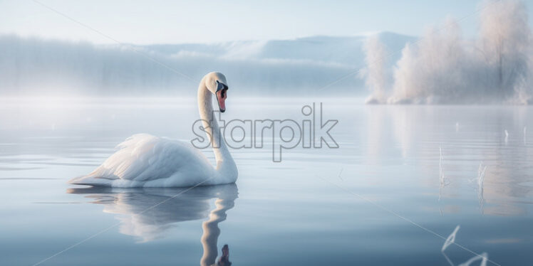 A white swan on a frozen lake in winter - Starpik Stock