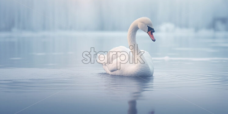 A white swan on a frozen lake in winter - Starpik Stock