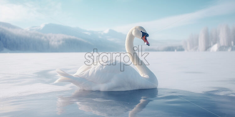 A white swan on a frozen lake in winter - Starpik Stock