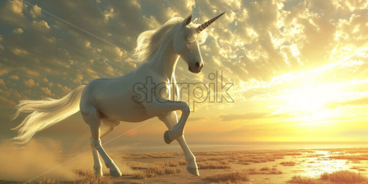 A white unicorn on a field bathed in the sun - Starpik Stock