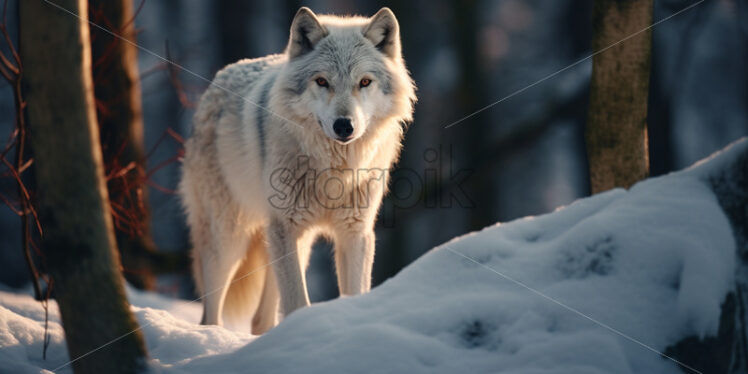 A white wolf in the forest in winter - Starpik Stock