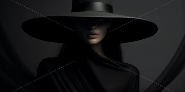 A woman dressed in black with a big black hat on her head - Starpik Stock