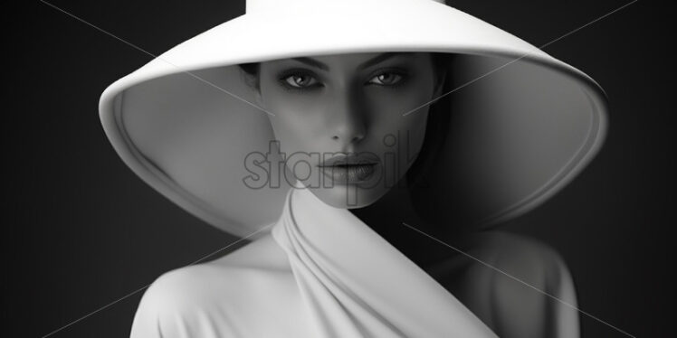 A woman dressed in white with a big white hat on her head - Starpik Stock