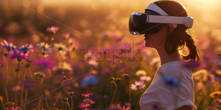 A woman playing a VR game in a wild field with flowers - Starpik Stock