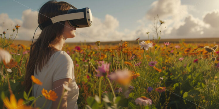 A woman playing a VR game in a wild field with flowers - Starpik Stock