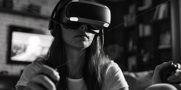 A woman playing a VR game, monochrome - Starpik Stock