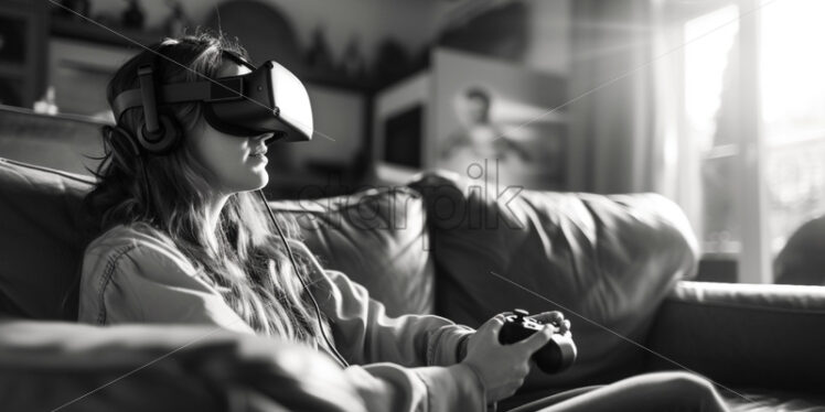 A woman playing a VR game, monochrome - Starpik Stock