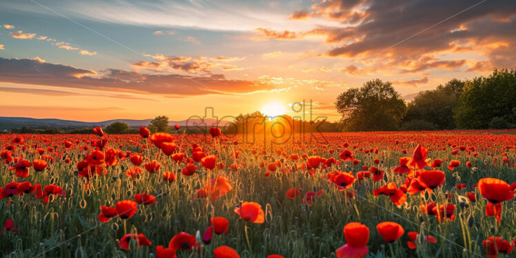 A wonderful field of poppies at sunrise - Starpik Stock