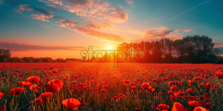 A wonderful field of poppies at sunrise - Starpik Stock