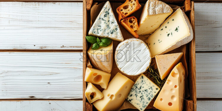 A wooden box with several types of cheese on a white table - Starpik Stock