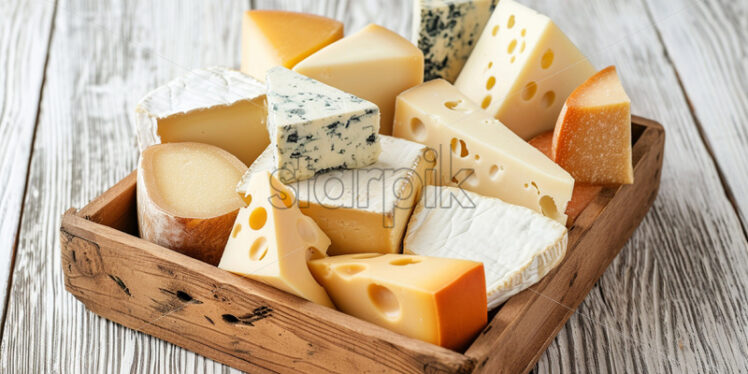 A wooden box with several types of cheese on a white table - Starpik Stock