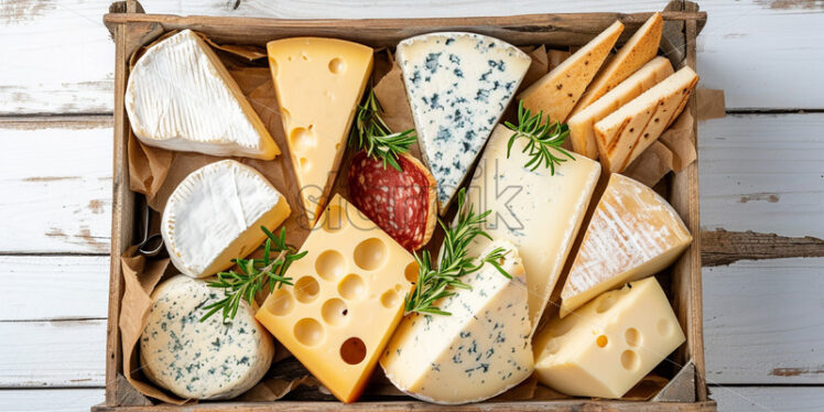 A wooden box with several types of cheese on a white table - Starpik Stock