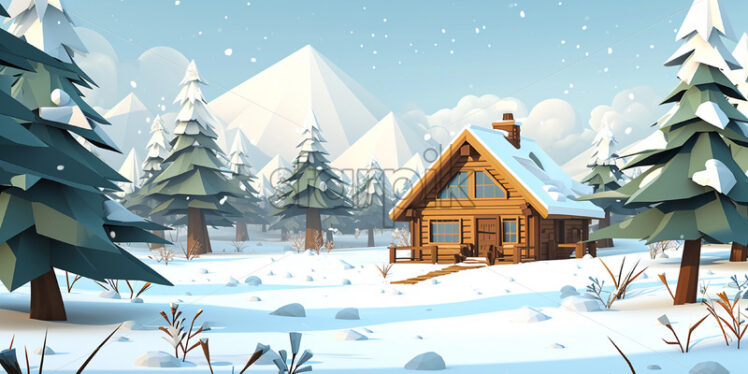 A wooden house in the forest in winter, isometric style - Starpik Stock