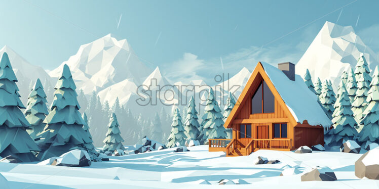 A wooden house in the forest in winter, isometric style - Starpik Stock