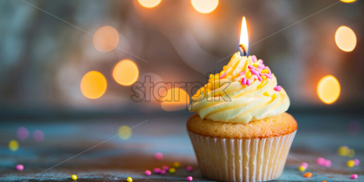 A yellow vanilla cupcake with a candle - Starpik Stock