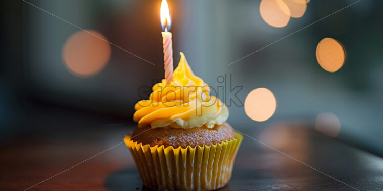 A yellow vanilla cupcake with a candle - Starpik Stock