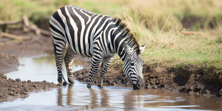 A zebra drinking water from the river - Starpik Stock