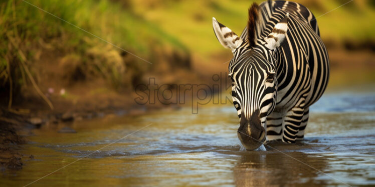 A zebra drinking water from the river - Starpik Stock