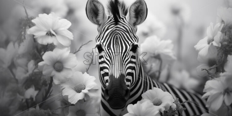 A zebra in a meadow with flowers, black and white photo - Starpik Stock