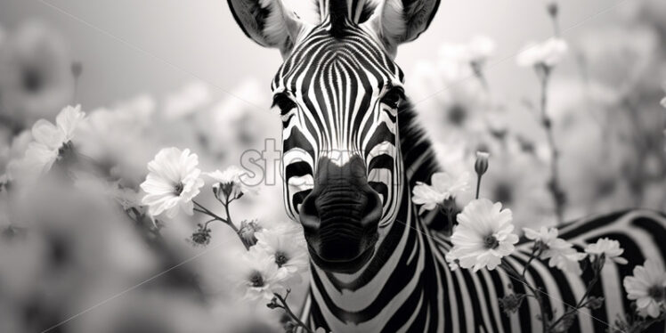 A zebra in a meadow with flowers, black and white photo - Starpik Stock