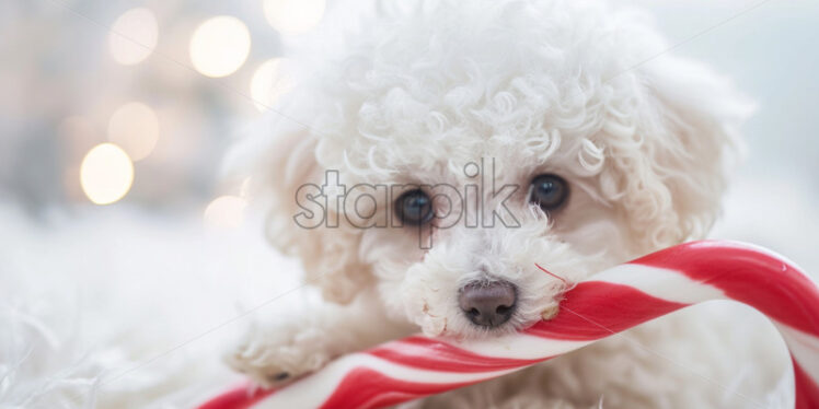 Adorable little dog Bichon Frise eating candy cane  - Starpik Stock