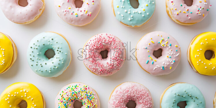 Advertising photo with donuts in pastell colors, on a white background - Starpik Stock