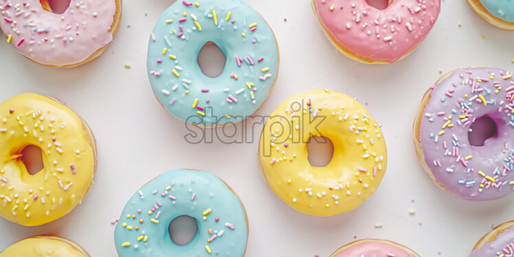 Advertising photo with donuts in pastell colors, on a white background - Starpik Stock