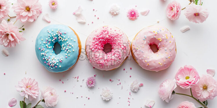 Advertising photo with donuts in pastell colors, on a white background - Starpik Stock