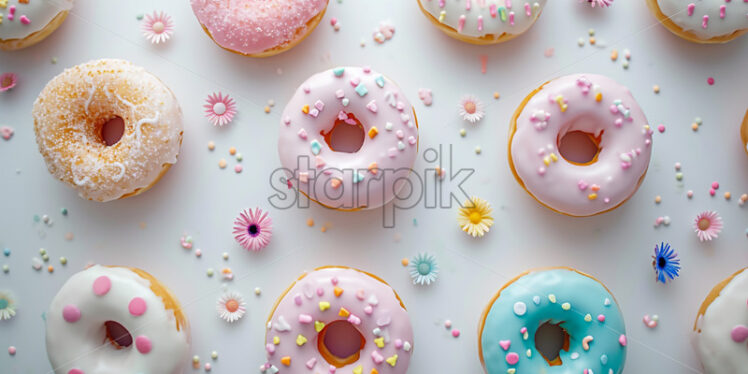 Advertising photo with donuts in pastell colors, on a white background - Starpik Stock