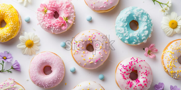 Advertising photo with donuts in pastell colors, on a white background - Starpik Stock