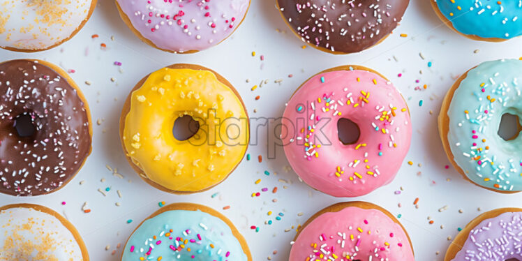 Advertising photo with donuts in pastell colors, on a white background - Starpik Stock