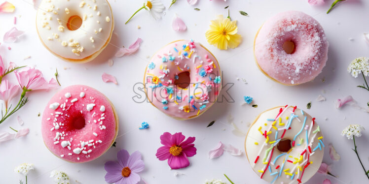 Advertising photo with donuts in pastell colors, on a white background - Starpik Stock