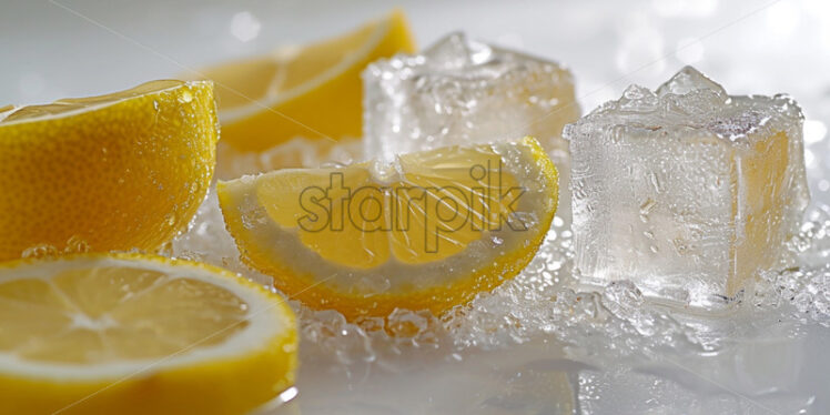 Advertising photo with ice cubes, frozen lemon slices, on a white background - Starpik Stock