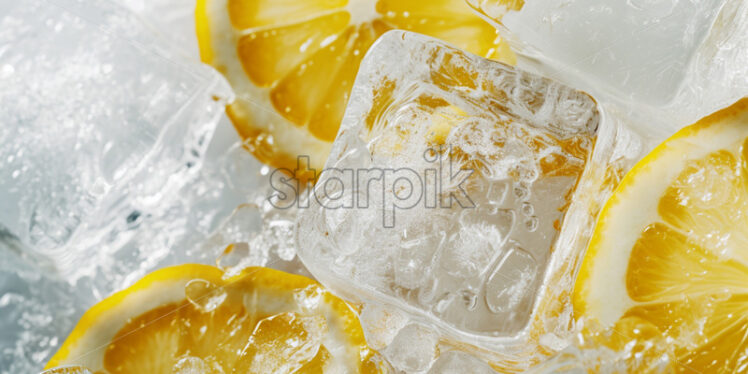 Advertising photo with ice cubes, frozen lemon slices, on a white background - Starpik Stock