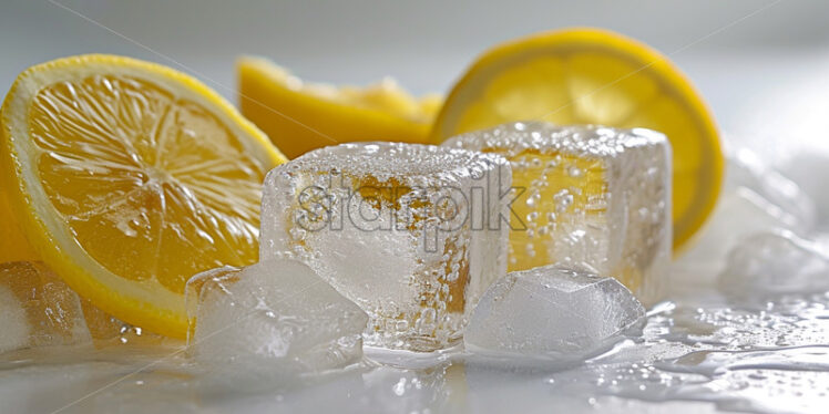 Advertising photo with ice cubes, frozen lemon slices, on a white background - Starpik Stock