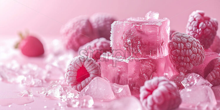 Advertising photo with ice cubes, frozen pink fruits, on a pink background - Starpik Stock