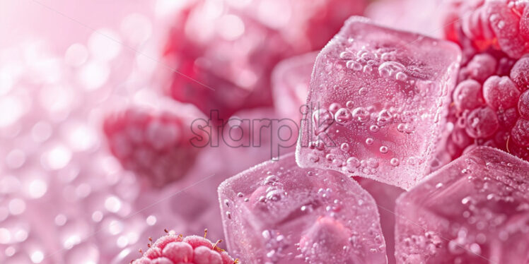 Advertising photo with ice cubes, frozen pink fruits, on a pink background - Starpik Stock