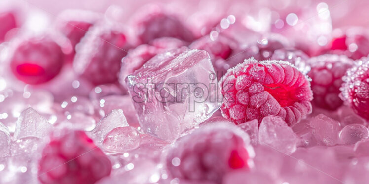 Advertising photo with ice cubes, frozen pink fruits, on a pink background - Starpik Stock