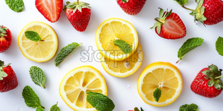 Advertising photo with lemon slices, strawberries scattered around, fresh mint, on a white background - Starpik Stock