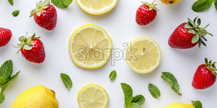 Advertising photo with lemon slices, strawberries scattered around, fresh mint, on a white background - Starpik Stock