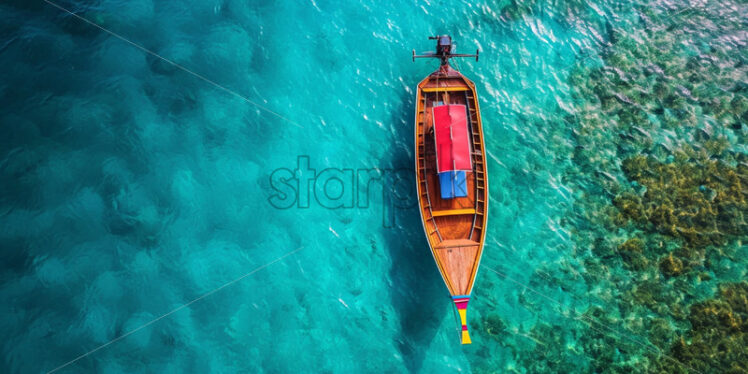 Aerial view of colorful boats on turquoise sea - Starpik Stock