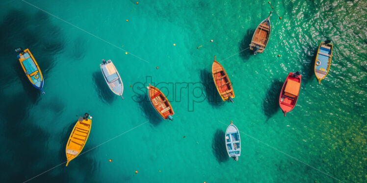 Aerial view of colorful boats on turquoise sea - Starpik Stock