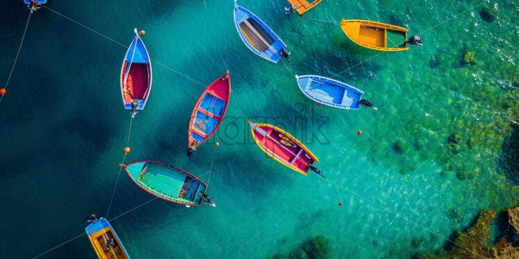 Aerial view of colorful boats on turquoise sea - Starpik Stock