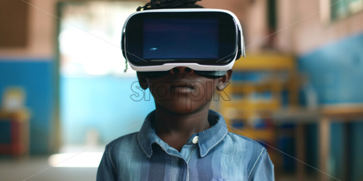 African child with VR glasses, on school background - Starpik Stock