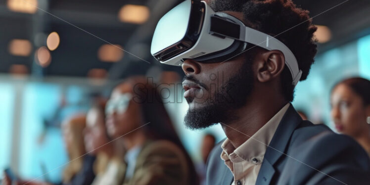 Afro american man with VR glasses at a conference - Starpik Stock