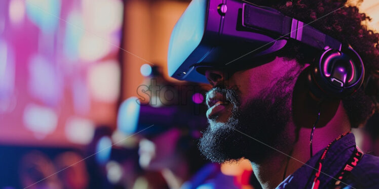 Afro american man with VR glasses at a conference - Starpik Stock